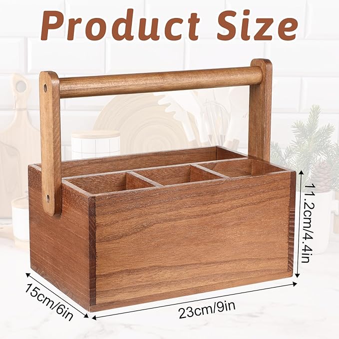 Acacia Silverware Caddy, Natural Wooden Flatware Organizer with Adjustable Handle, Outdoor Utensil Holder Box Multi-Purpose Storage Container for Kitchen Counter, Party, Table, Camping, Picnic