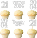 Gyufise 24Pcs 21st Birthday Cupcake Toppers Glitter Twenty-one Vintage 2004 Hello 21 Years Birthday Cupcake Picks Cheers to 21 Cake Decor for Happy 21st Anniversary Party Supplies Silver