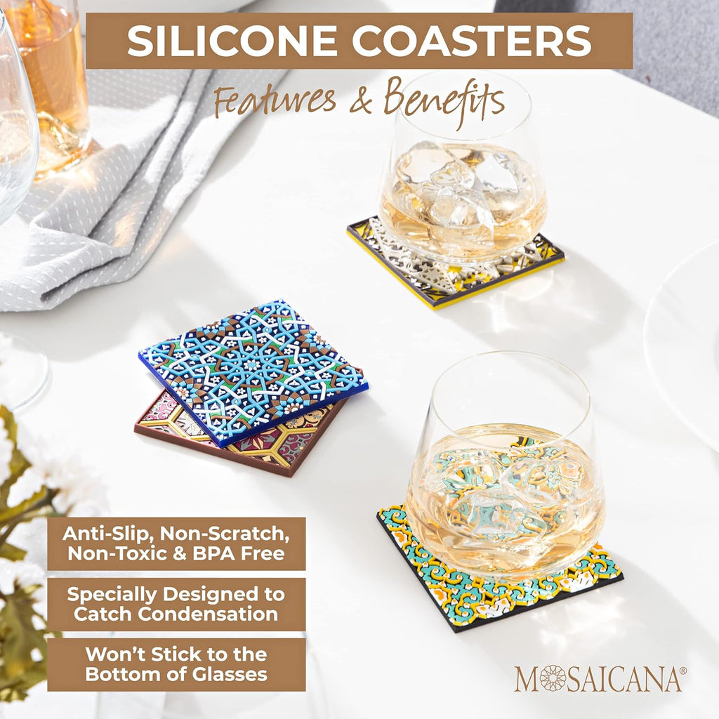 Emerald Tiles Silicone Coasters Set of 4, Protect Against Water Marks or Damage Fits All Cups, 3.5" Inch Size