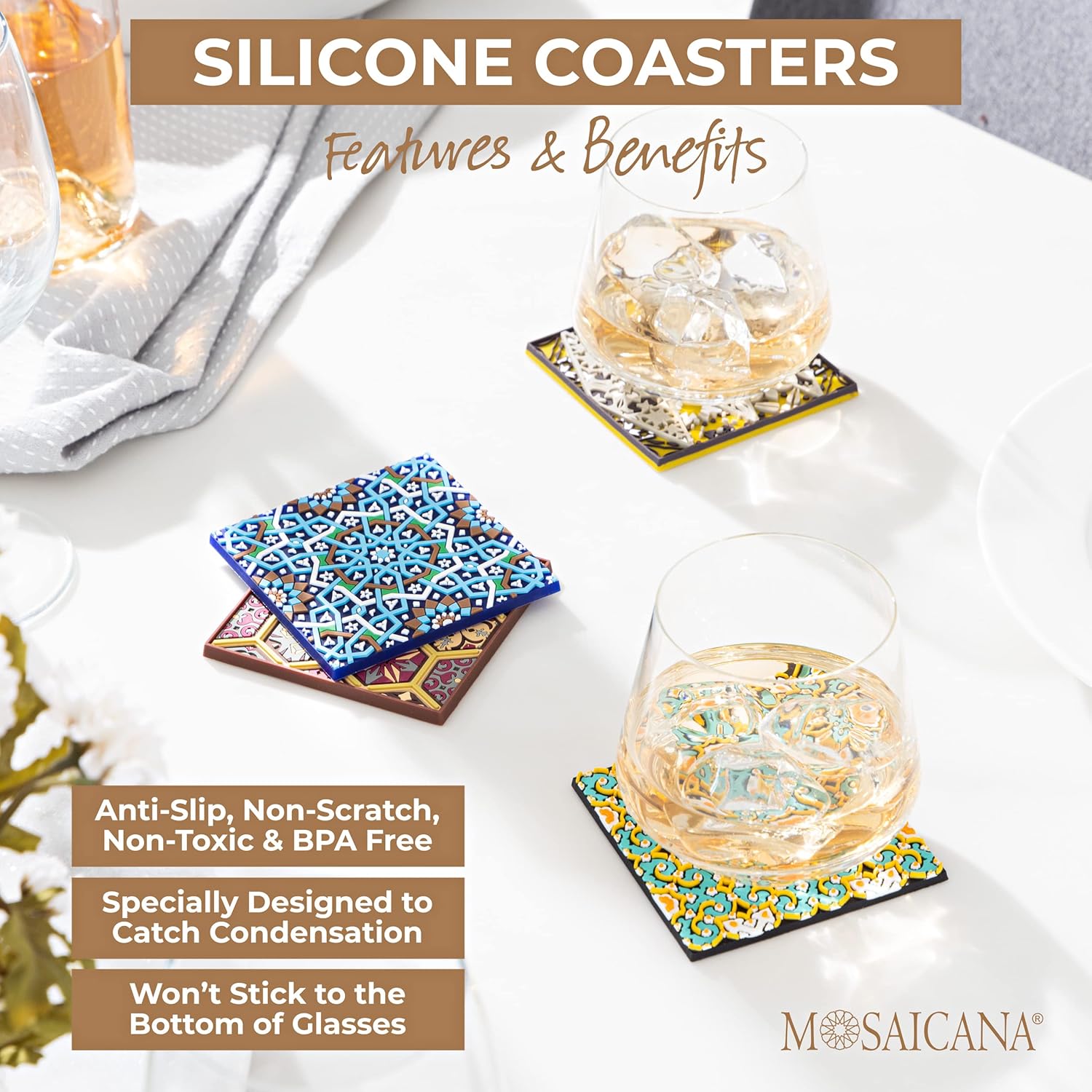 Sirius Silicone Coasters Set of 4, Protect Against Water Marks or Damage - Fits All Cups, 3.5" Inch Size, Colored