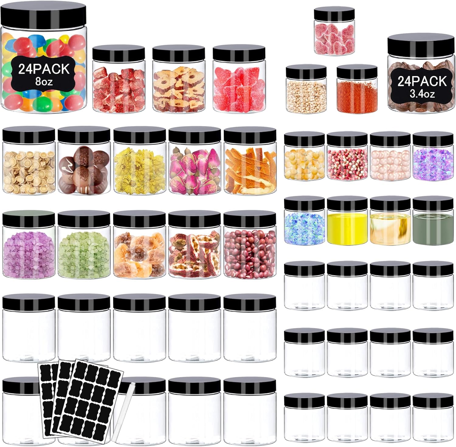 Plastic Jars with Lids 48 Pcs 8 oz & 3.4 oz Clear Plastic Slime Storage Jars Containers with Airtight Black Screw On Lids Cylinder Clear Round Jar Easy Clean Food Grade Durable Jar
