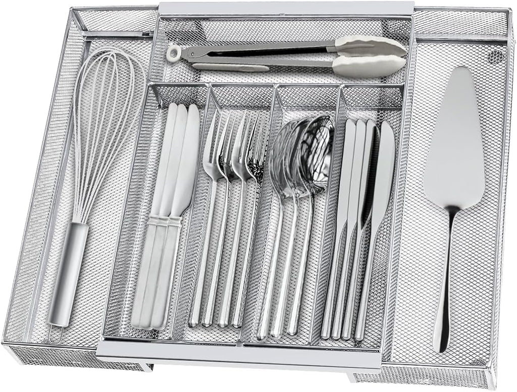 Silverware Organizer Metal Mesh, Drawer Organizer, Utensil Cutlery Tray Expandable Flatware Organizer with 7 Compartment Silver 9.4"~17.3" x 13.7"