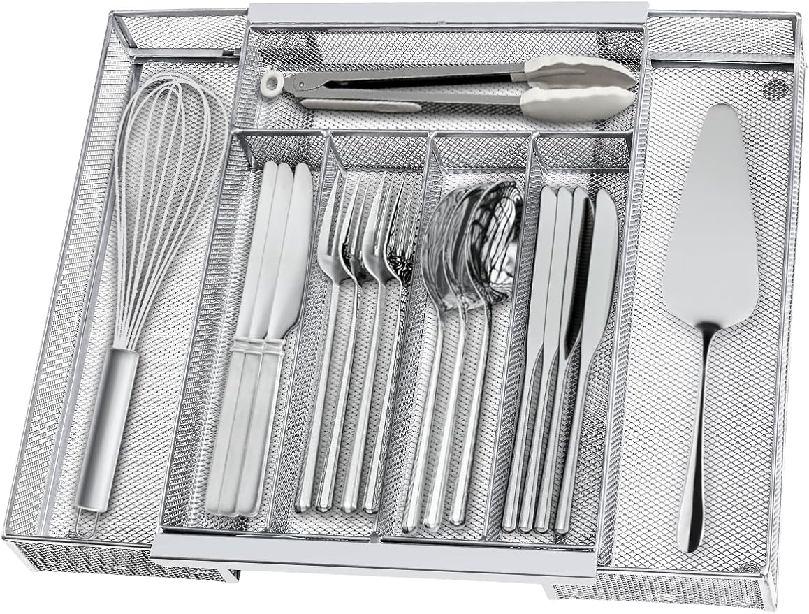 Silverware Organizer Metal Mesh, Drawer Organizer, Utensil Cutlery Tray Expandable Flatware Organizer with 7 Compartment Silver 9.4"~17.3" x 13.7"