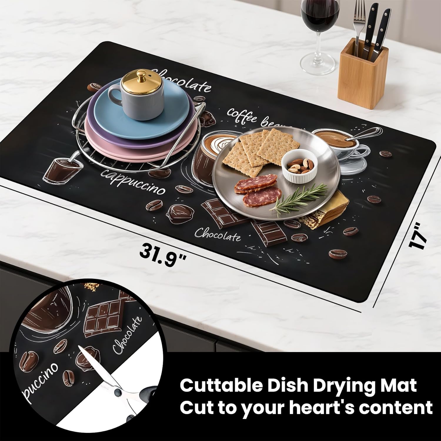 17"x 32" Coffee Bar Mat, Coffee Chocolate Absorbent Dish Drying Mat Cuttable Hide Stain Draining Table Pad for Kitchen Counter, Coffee Bar Accessories