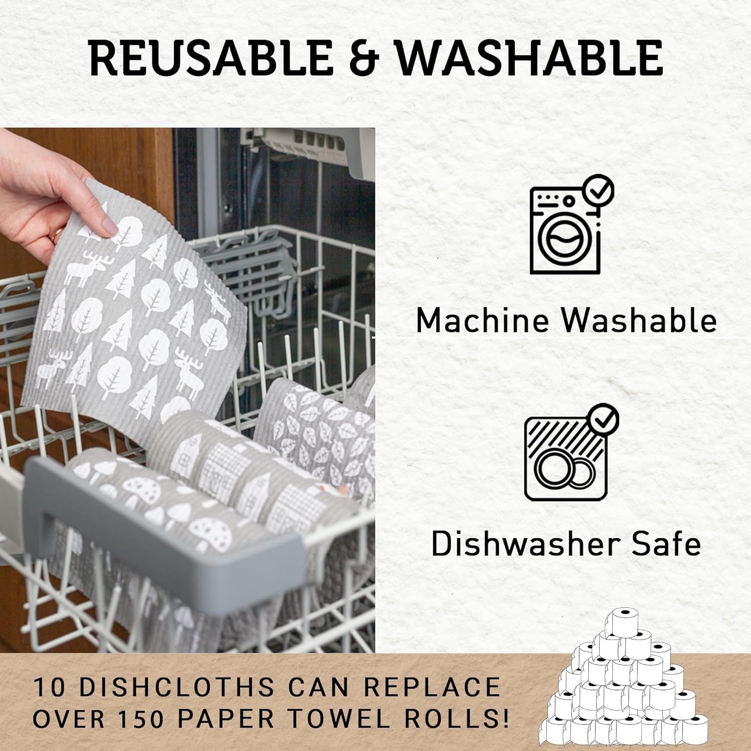 Nordhus Design Swedish Dishcloths,10 Grey Cloths, Made in Sweden - Reusable, Washable Cellulose Cotton Kitchen Cloths - Replace Paper Towels, Wipes, Sponges, Dish Rags