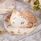 KAMMAK Tea Cups and Saucers Set of 2, Reinforced Porcelain Coffee Cups, 8.5-Ounce Stackable Espresso Mugs, Ceramic Demitasse for Coffee, Cappuccino, Latte, Americano, Tea, Secret Flourish