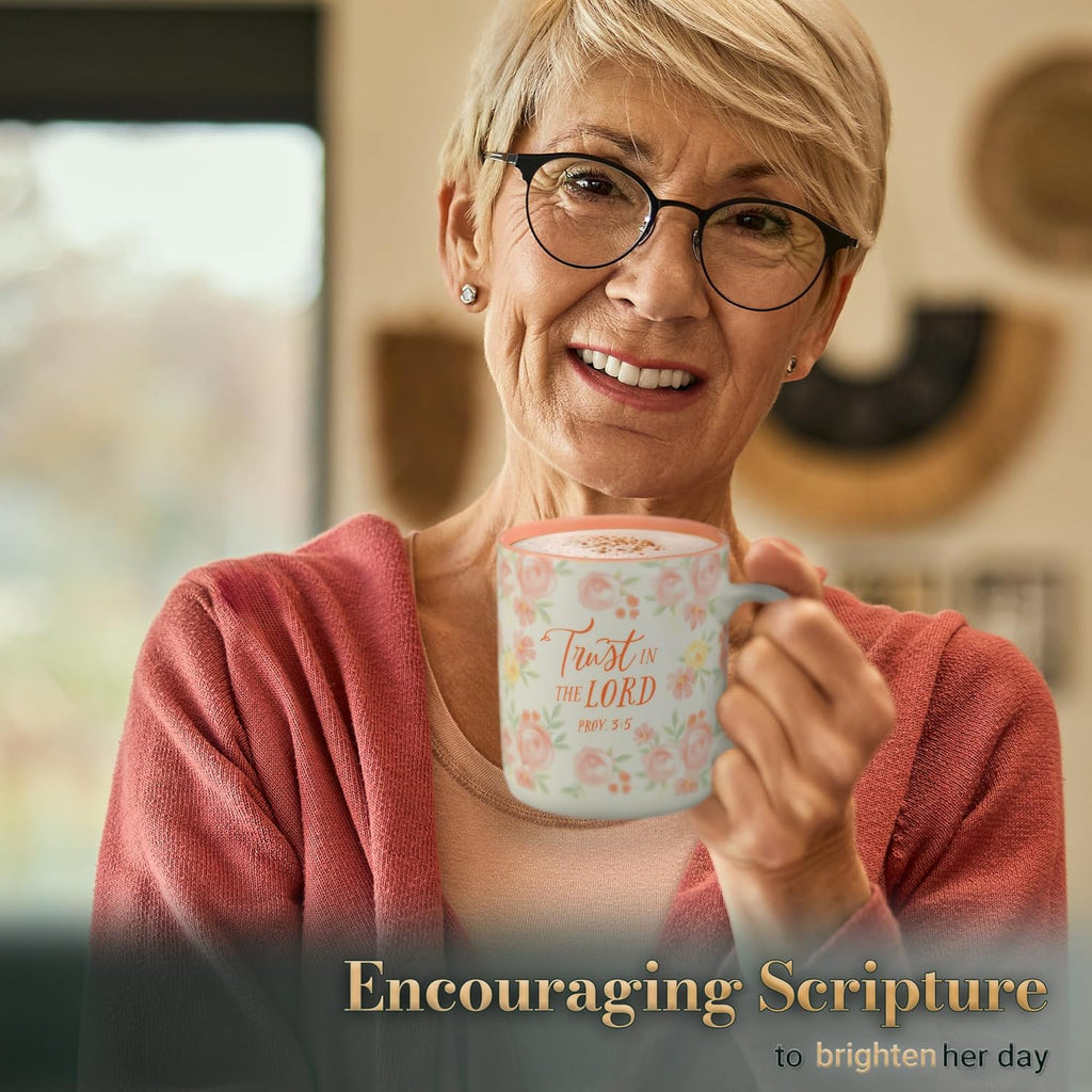 Christian Art Gifts Large Inspirational Women's Ceramic Coffee & Tea Scripture Mug: Trust in the Lord Encouraging Bible Verse, Microwave/Dishwasher Safe Novelty Drinkware, White & Pink Floral, 14 oz.