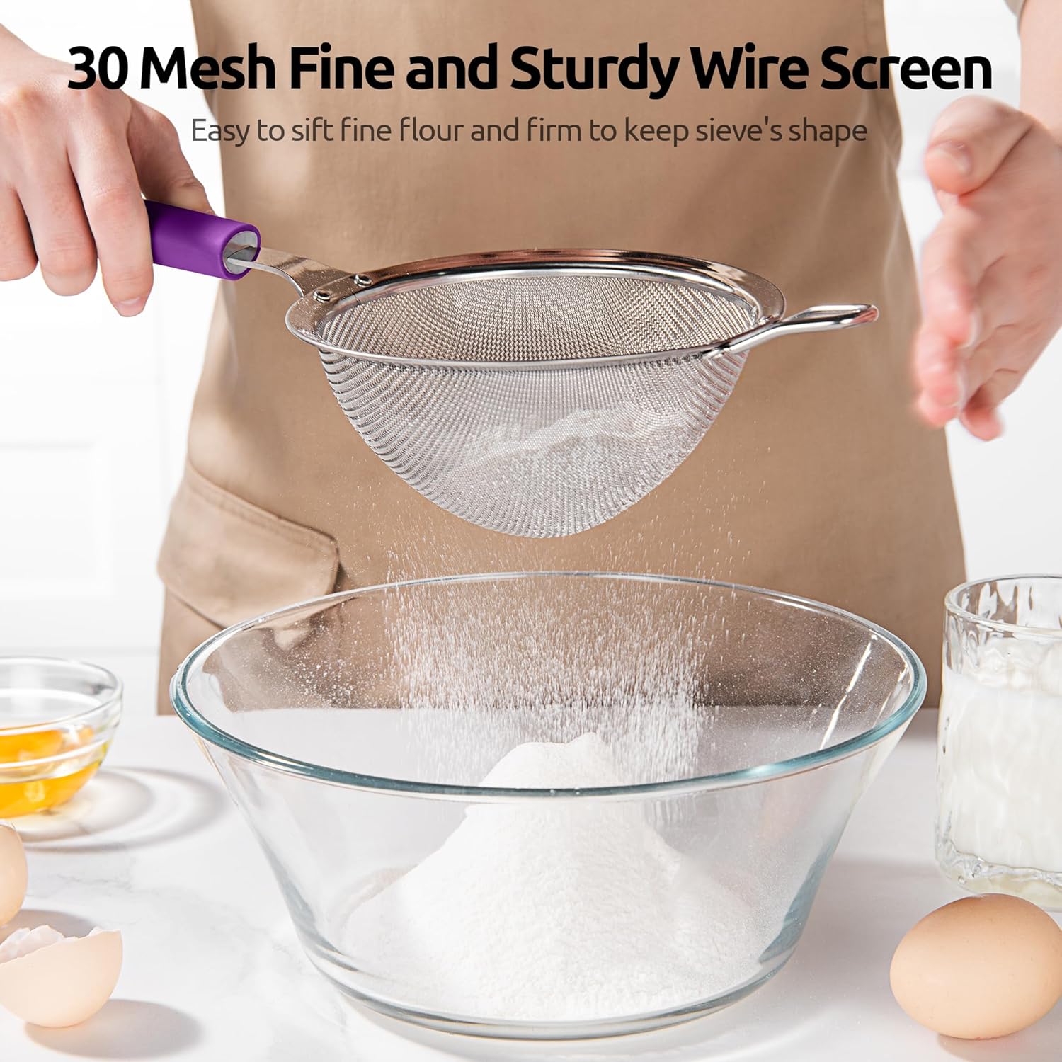 U-Taste Medium Fine Mesh Strainer: 18/8 Stainless Steel 4.73in 30 Mesh Kitchen Food Sieve with Sturdy Riveted Silicone Handle, Heavy Duty Deep Handheld Metal Colander for Rice, Quinoa, Flour (Purple)