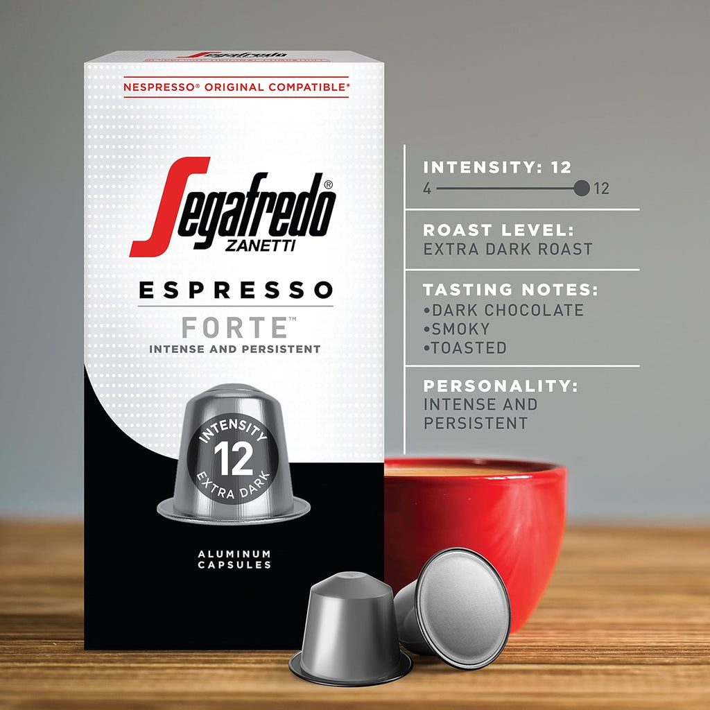 Segafredo Zanetti Espresso Capsules – Aluminum Pods for Nespresso Original Machines – Extra Dark Roast Premium Espresso with a Bold Aroma – Smoky, Intensity 12 – Forte, 10 Count