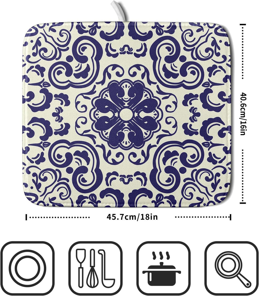 Boho Ethnic Design Dish Drying Mat for Kitchen Counter,Blue Bohemian Mandala Drying Mat 16 x 18 Inch with High Absorbent Reversible Microfiber Dish Drying Pad Dish Rack Pad Drainer Mat for Coffee Bar