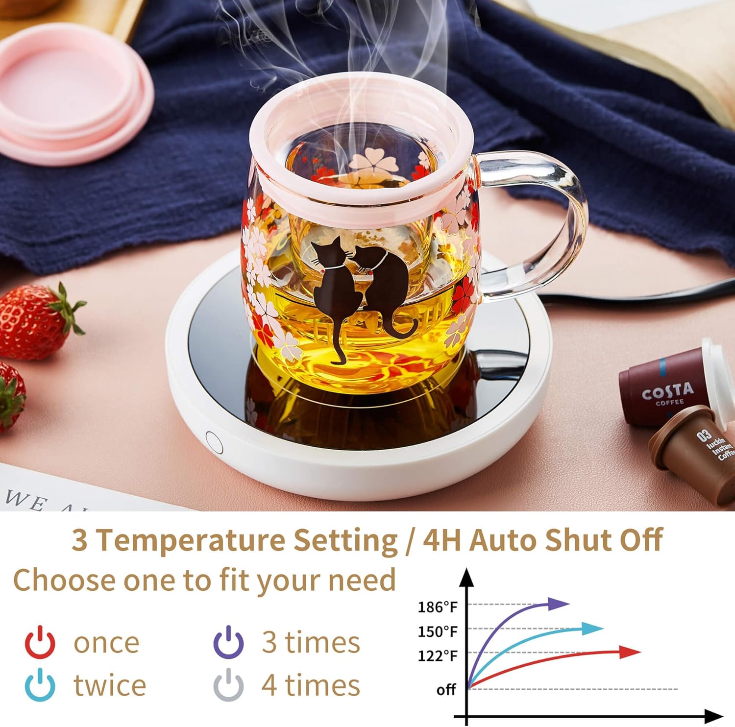 Coffee Mug Warmer for Desk 4H Auto Shut Off, Smart Coffee Cup Warmer with 3 Temperature Setting, Electric Mug Warmer Plate for Coffee, Milk, Tea (White)