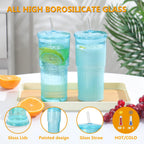 20 OZ Glass Cup with Lids and Glass Straws, High Borosilicate Iced Coffee Glass Tumblers with Lid and Straw for Drinks, 2pcs Reusable Wide Mouth Smoothie Cup(Blue)