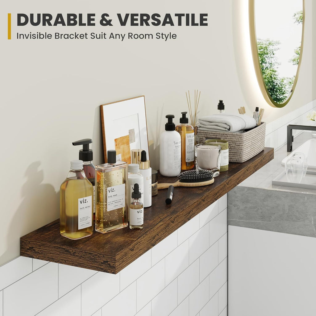 24 Inch Floating Shelves, 9.3" Deep Floating Shelf Wall Mounted, 24" Wall Shelves, Rustic Deep Bookshelf, Large Display Shelves & Storage Shelves for Bedroom, Living Room, Brown, Set of 2