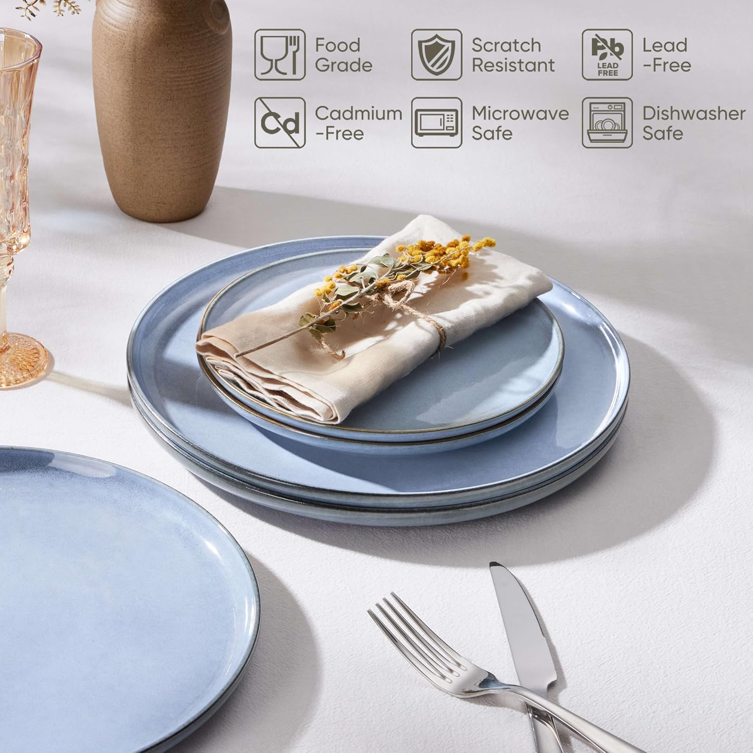 Herogo 6-Piece Stoneware Dinner Plates Set, 7.9" Ceramic Round Dessert Plate Set, Small Handmade Double Reactive Glaze Dinnerware Plates for Kitchen, Microwave, Oven and Dishwasher Safe, Haze Blue