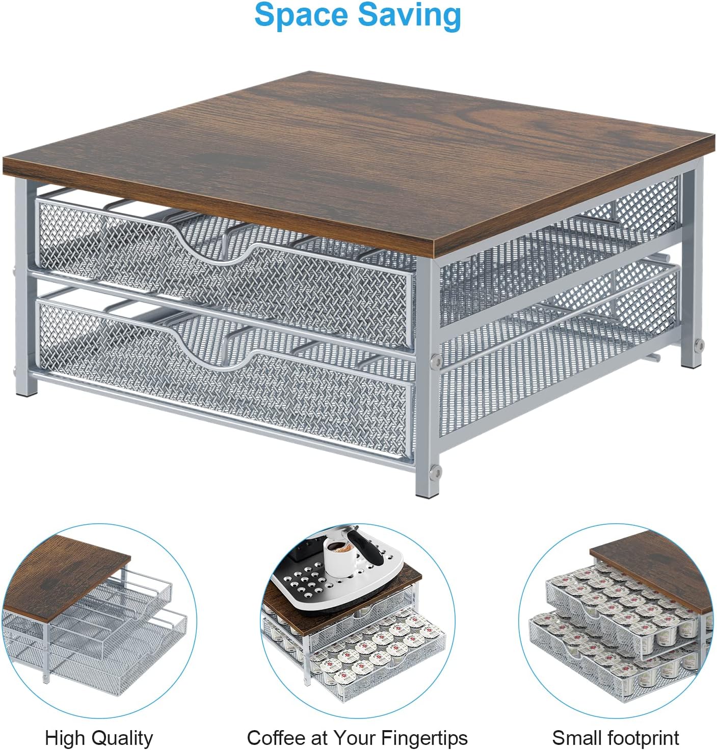 Coffee Pod Holder For Counter, Coffee Pod Drawer for Keurig Pod Storage Drawer Holder, 72 Capacity Pods Storage Organizer for Coffee Pod Storage with Sliding Baskets for Coffee Station, Silver