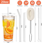 20 oz Tumblers with Lids and Straws, Ribbed Glass Set of 4-Clear Ice Coffee Cups Ideal for Smoothies, Juice, Boba & Cold Beverages, Durable reusable Glassware，Drinking Glasses with 1 Brush