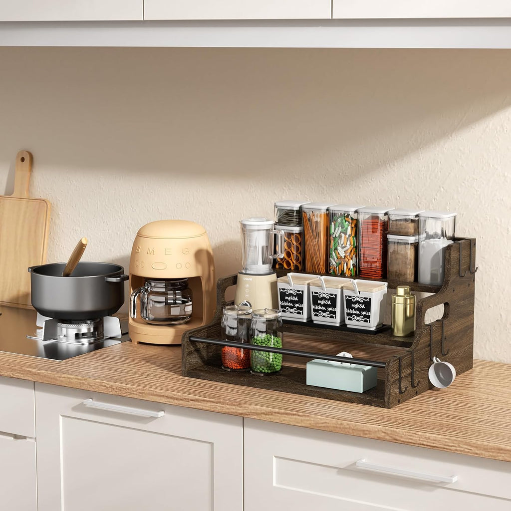 3-Tier Liquor Bottle Display Shelf, Bar Stand for Whiskey, Spirits, Coffee Syrup Rack Organizer, Countertop Wine Rack for Home, Mini Coffee Bar, Small Liquor Cabinet and Kitchen Dark Brown