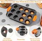 2Pack Mini Cheesecake Pans Removable Bottom Mini Cupcake Pans, 12 Cavity Minii Cheesecake Molds with Silicone Handle Nonslip Muffin Pan Baking Supplies