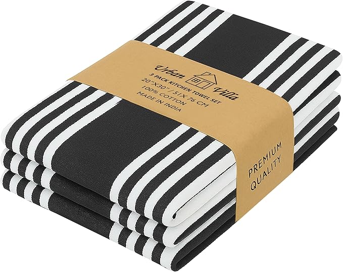 Urban Villa Kitchen Towels 100% Cotton Dish Towels for Kitchen (Set of 3)20”x30” Dish Cloths Highly Absorbent Kitchen Linen Set with Hanging Loop Perfect for Drying Dishes Cleaning Towels-Black White