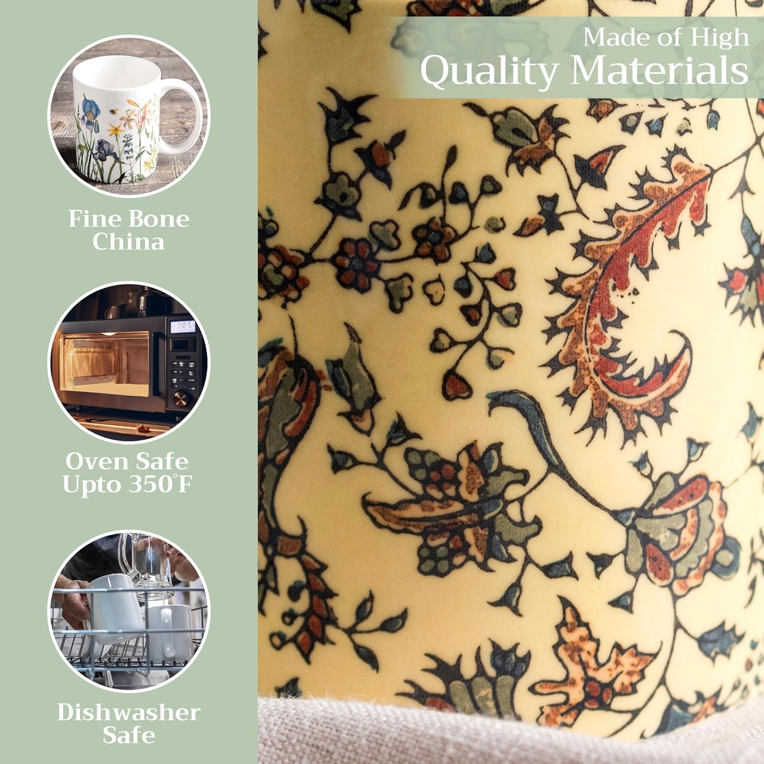 Maison d' Hermine Coffee Mug with Handles Fine Bone China Mugs Pack of One Tea Cups for Hot Beverages Cappuccino Latte Home Restaurant Office Perfect for Gift (Lakshmi - Arum, 12 Ounce)