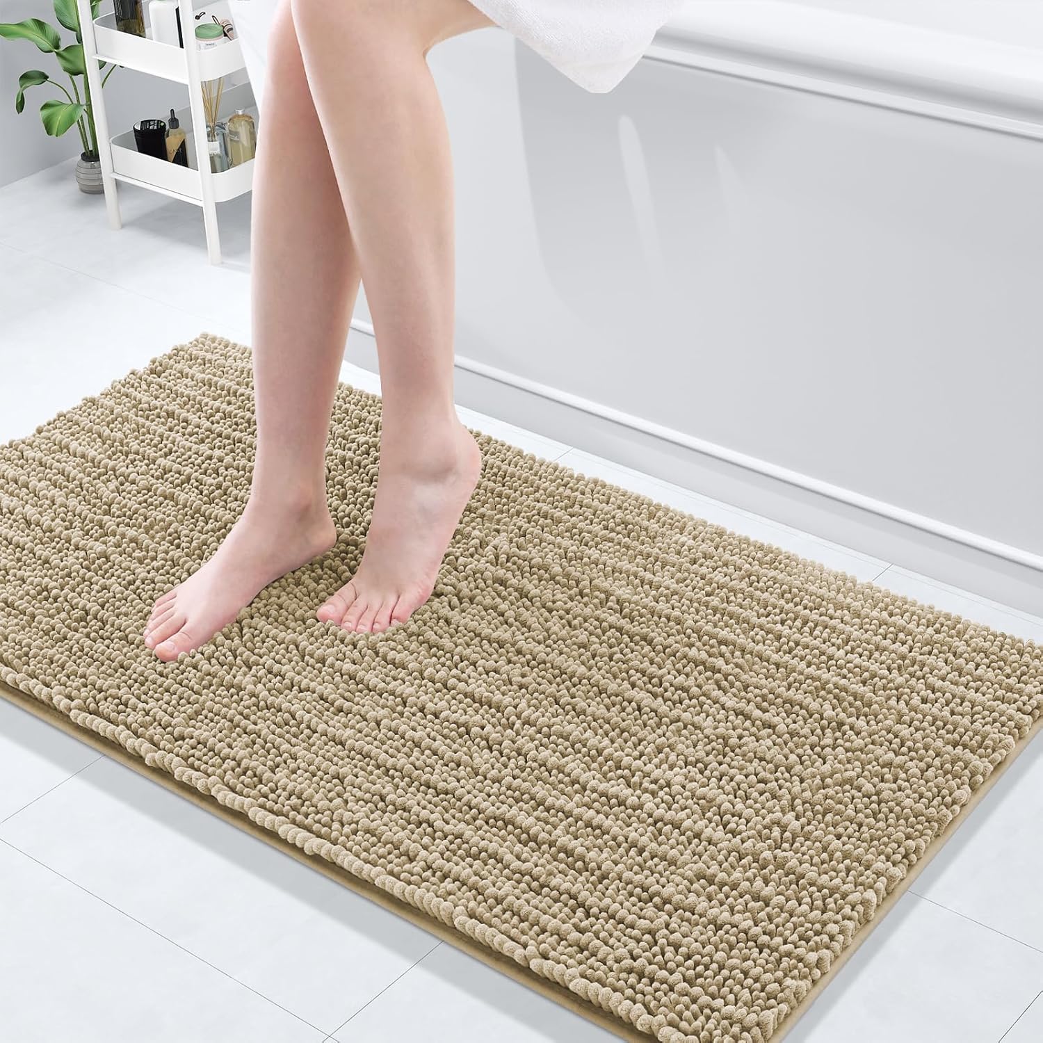 Arotive Luxury Chenille Bathroom Rug Mat, Extra Soft Thick Absorbent Shaggy Bath Rugs, Non-Slip Machine Wash Dry, Plush Bath Mats for Bathroom, Shower and Tub, 47x20, Beige
