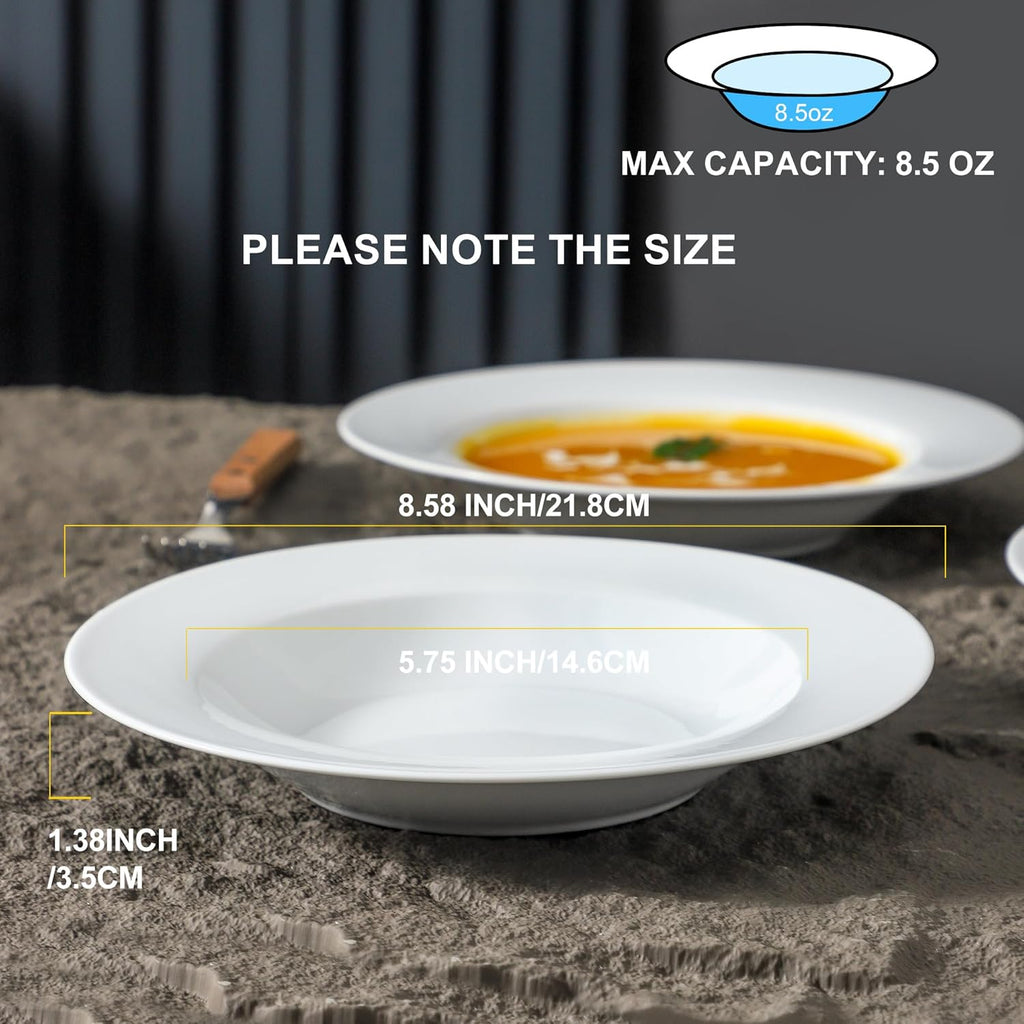 fMBB Ceramic Soup Bowls Shallow Plates, 4 Pack White Dinner Bowls Plates, Porcelain Wide Rim, 8.5 Inch (8.5 oz) Shallow Bowls - Ideal for Soup, Dessert, Salad and Pasta, Microwave and Dishwasher Safe