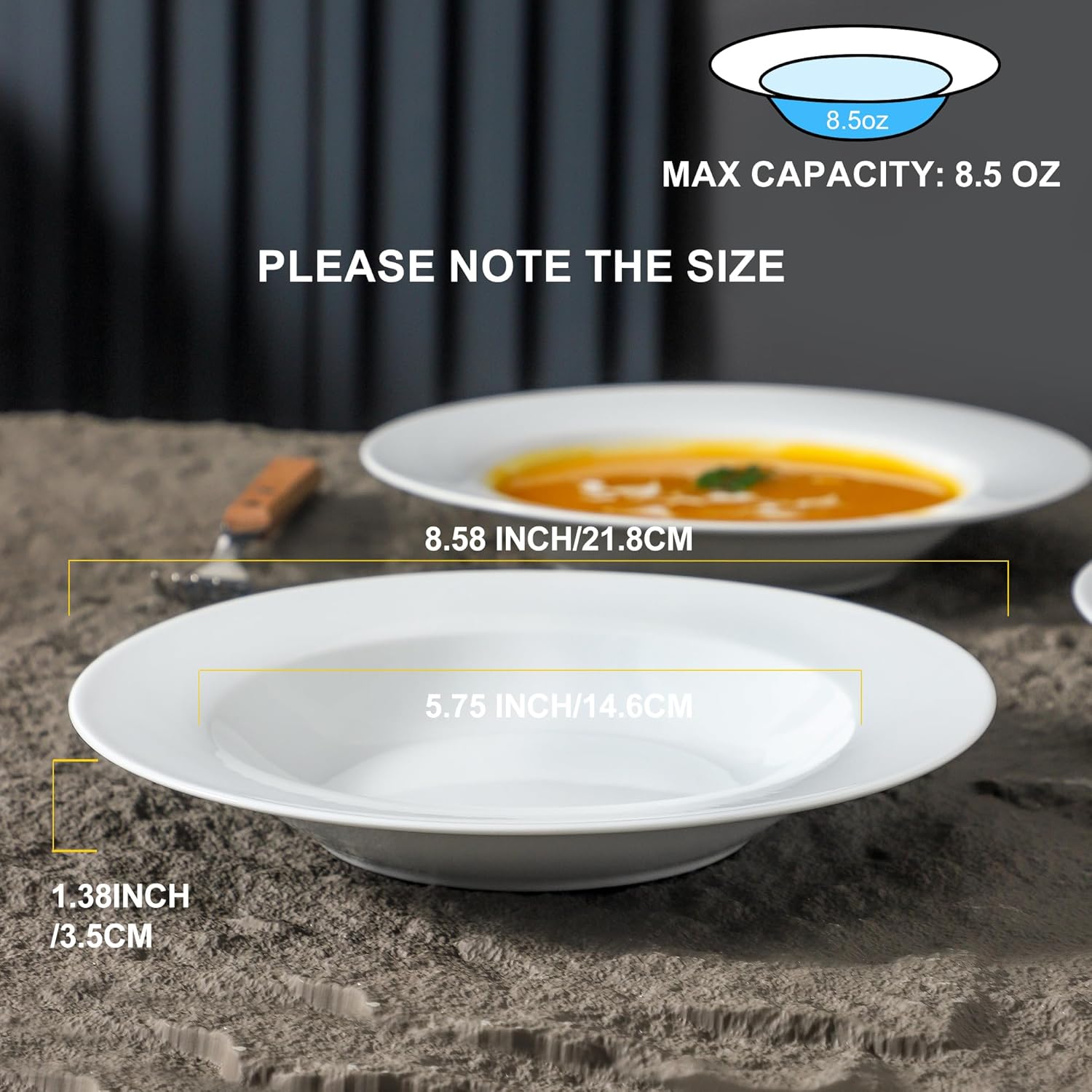 fMBB Ceramic Soup Bowls Shallow Plates, 4 Pack White Dinner Bowls Plates, Porcelain Wide Rim, 8.5 Inch (8.5 oz) Shallow Bowls - Ideal for Soup, Dessert, Salad and Pasta, Microwave and Dishwasher Safe