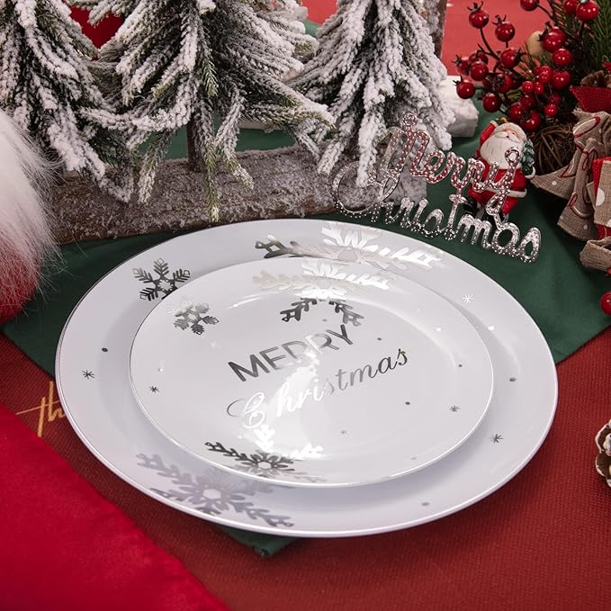 KIRE 25 Guest Christmas Plates - White Plastic with Silver Snowflake Design, Disposable Silverware & Clear Cups for Christmas Party Supplies