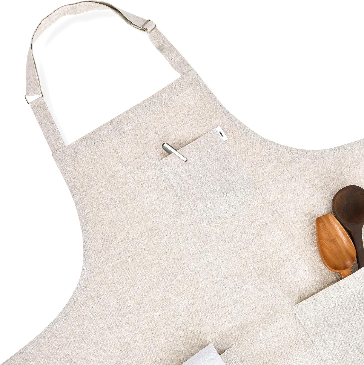 Solino Home Linen Kitchen Apron for Men & Women - Light Natural Bib Apron with Front Pockets - Handcrafted from European Flax