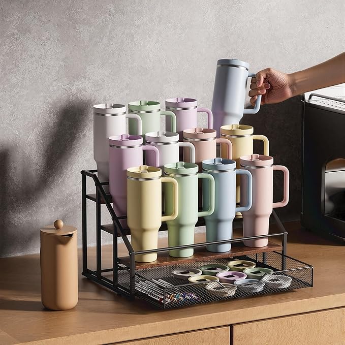 MOJOHAND Water Bottle Organizer for Stanley, 4-Tier 12 Bottles Rack with Storage Basket for Cup Accessories, Large Tumbler Holder Stand, Water Bottle Holder Wine Rack