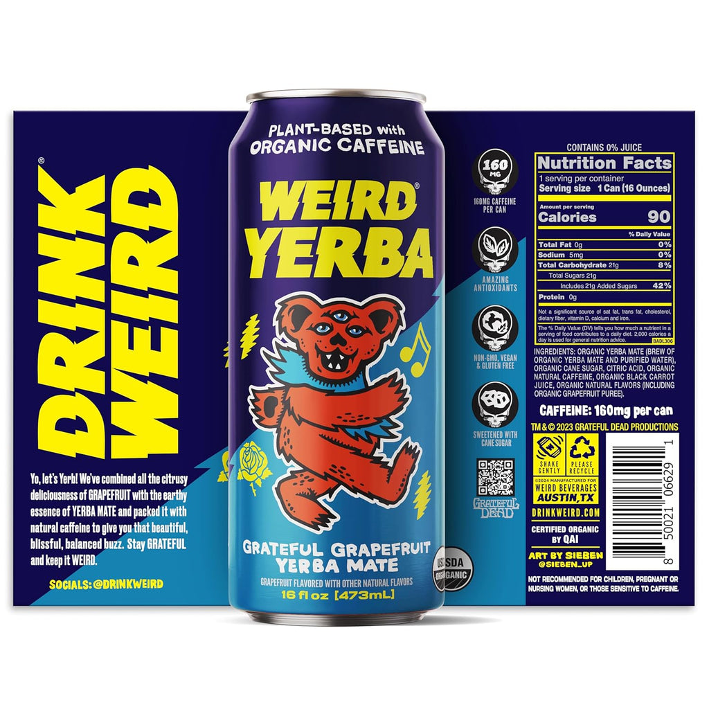 Drink Weird Organic Grateful Grapefruit Yerba Mate – 16oz Cans, 160mg Organic Caffeine, Pack of 12 – Grateful Dead Collab, Healthy Energy Drink Alternative
