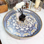 Round Decorative Trays Set of 2, Modern Plastic Serving Tray with Handles for Living Room, Coffee Table, Kitchen, Ottoman, Boho Blue, Large 13", Small 11.8"