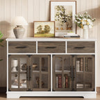 IRONCK Buffet Cabinet with Storage, 55" Large Sideboard Buffet Storage with LED Lights, Farmhouse Coffee Bar Wood Liquor Cabinet for Kitchen, Dining Room, White and Oak