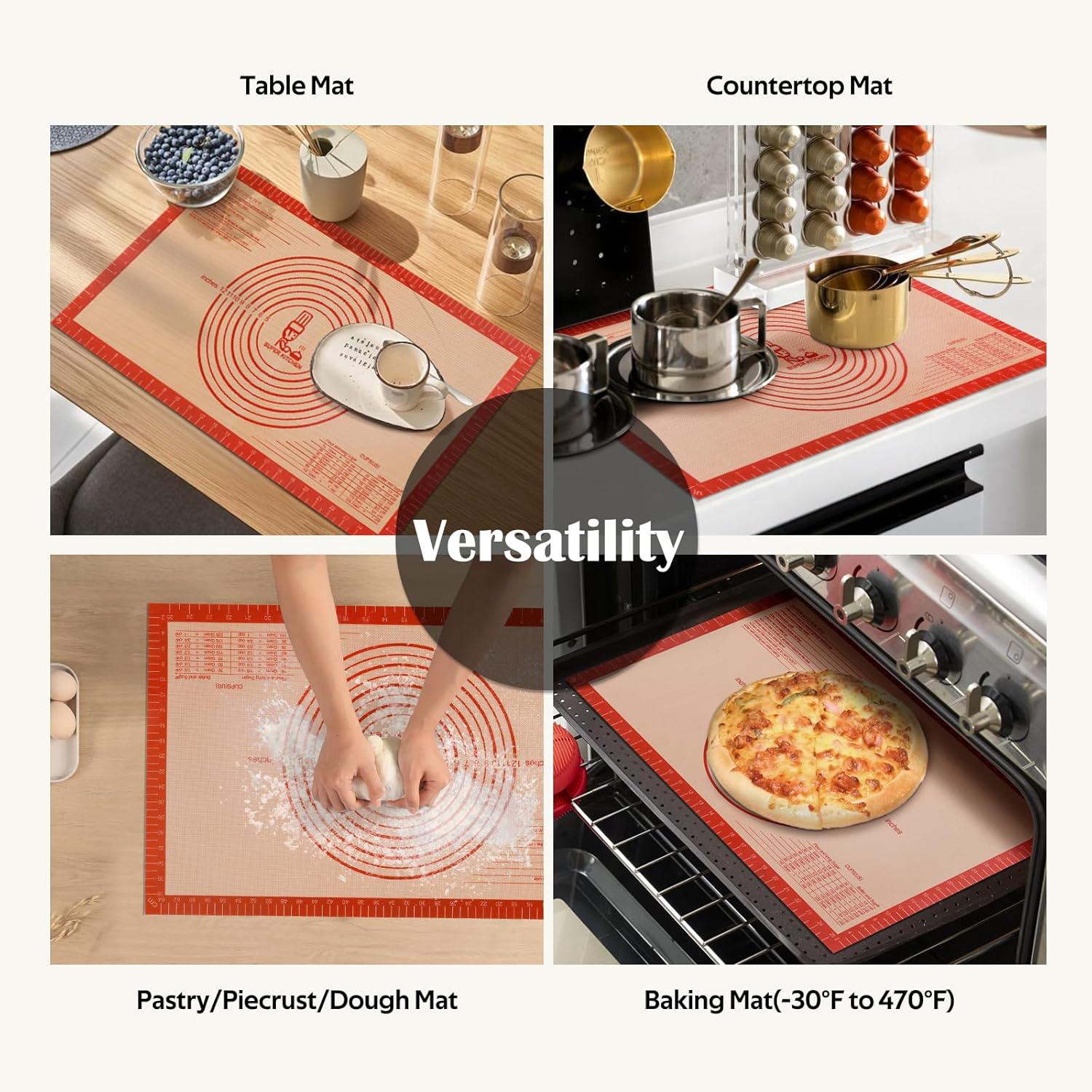 Non-slip Silicone Pastry Mat Extra Large with Measurements 16''By 26'' for Silicone Baking Mat, Counter Mat, Dough Rolling,Oven Liner,Fondant/Pie Crust By Folksy Super Kitchen Red