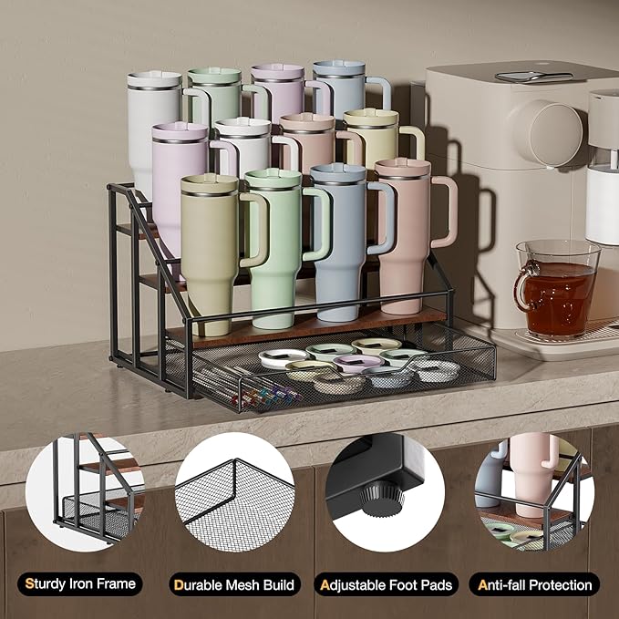 MOJOHAND Water Bottle Organizer for Stanley, 4-Tier 12 Bottles Rack with Storage Basket for Cup Accessories, Large Tumbler Holder Stand, Water Bottle Holder Wine Rack