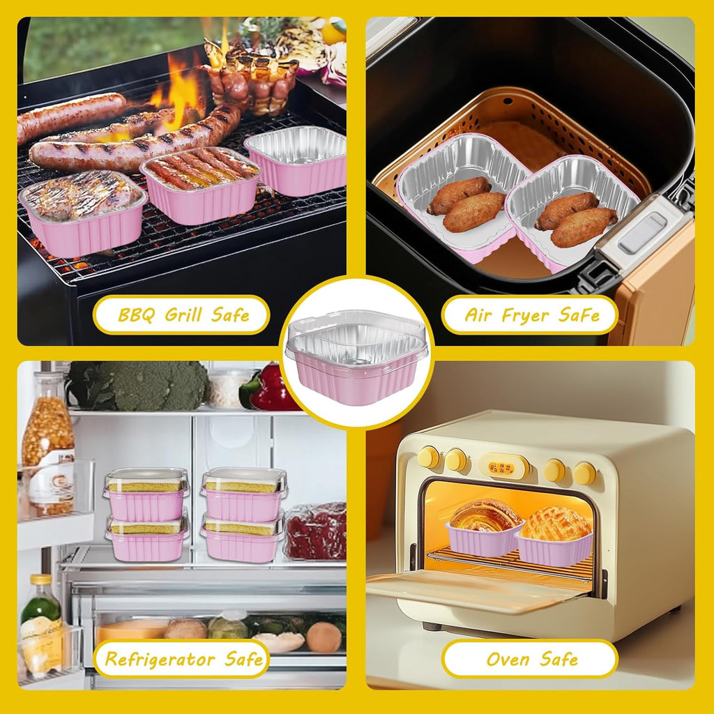 25 Pack Square Mini Cake Pans with Lids,Mini Loaf Pans with Lids,Aluminum Foil Baking Cups,Disposable Ramekins Cupcake Cups,Dessert Cups for Wedding Birthday Party Picnics,5oz (Pink)