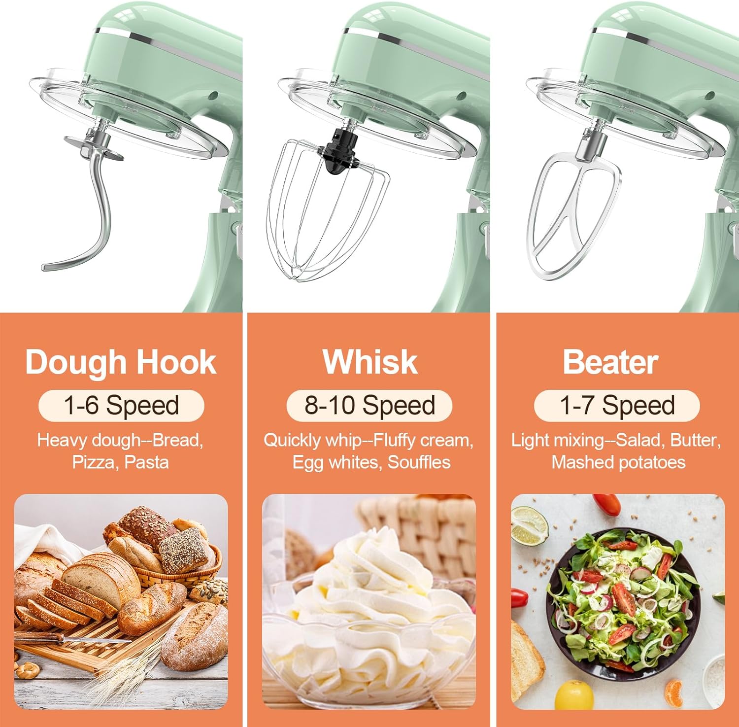 3-IN-1 Electric Stand Mixer, 6.5QT Bowl 660W 10-Speed Kitchen Mixer, Household Food Mixers include Dough Hook, Beater and Whisk, Bread Cake Mixer for Baking and Most Home Cooks, Agave Green