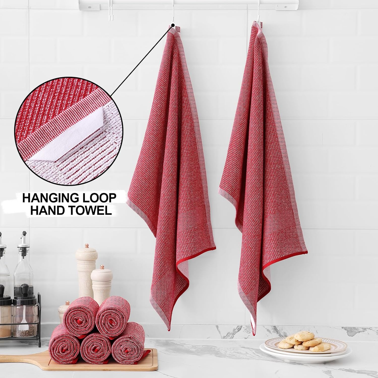 Homaxy Premium Kitchen Towels(18”x 28”, 8 Pack), Large Cotton Kitchen Hand Towels, Flat and Terry Dish Towels, 380 GSM Highly Absorbent Tea Towel Set with Hanging Loop, Red