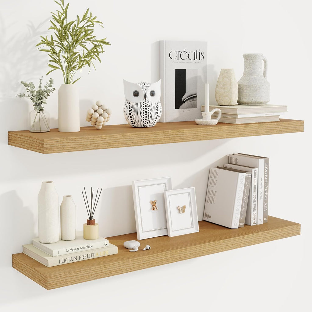 Fun Memories 40 Inch Deep Floating Shelves for Wall, 2 Pack of Wall Mounted Wood Shelves with Invisible Brackets for Bathroom, Bedroom, Kitchen Decor and Storage, Oak
