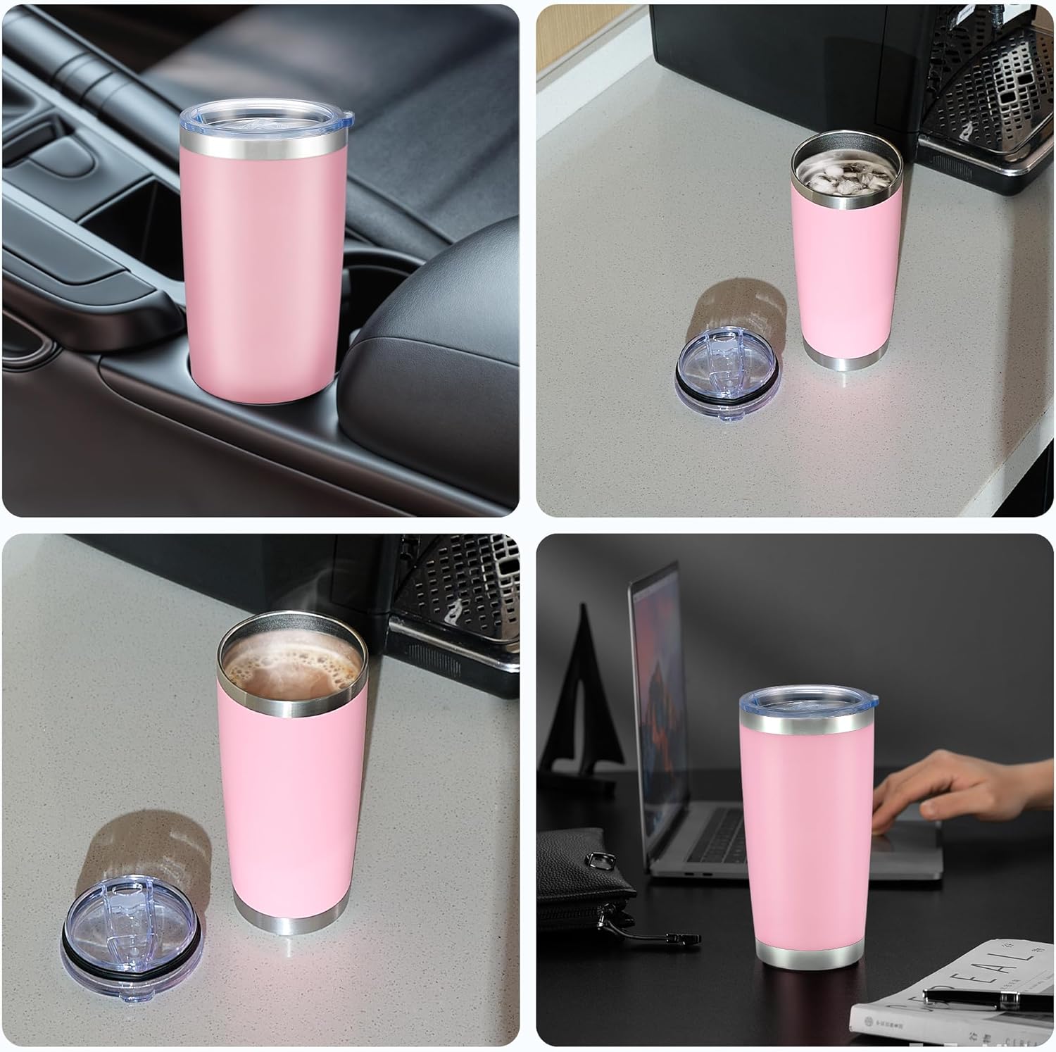 OMTech 20oz Tumblers Bulk, 6pc Stainless Steel Tumbler Set with Lid & Straw, Double Wall Vacuum Insulated Mug for Laser Engraver, Travel Coffee Mug for Hot & Cold Drinks, Pink Powder Coated Cup