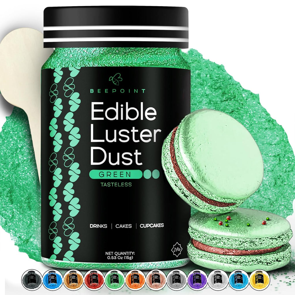BeePoint Green Edible Luster Dust 15g - Food Grade, Vibrant Color Shimmer Powdered Dust for Drinks, Cocktails, Cake Decorating, Baking, Chocolates, Candy, Sweets, & Cookies - Vegan & Gluten Free