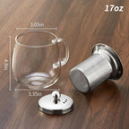 Glass Tea Cup with Infuser and Lid, 17.6oz/520ml Large Borosilicate Glass Teacup with Stailess Steel Filter, Clear Mug for Loose Leaf Blooming Tea, Dishwasher Safe - Tea Maker Gift