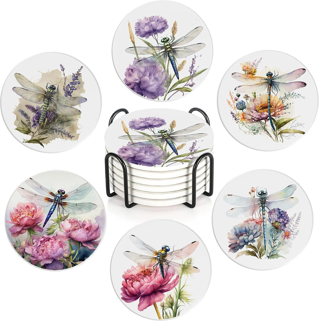 Coaster for Drinks Set of 6, Dragonfly Flower Absorbing Round Ceramic Stone Coaster with Cork Base,Tabletop Protection Mat for Mugs and Cups,Coffee Table Wine Glass Home Bar 4 Inch