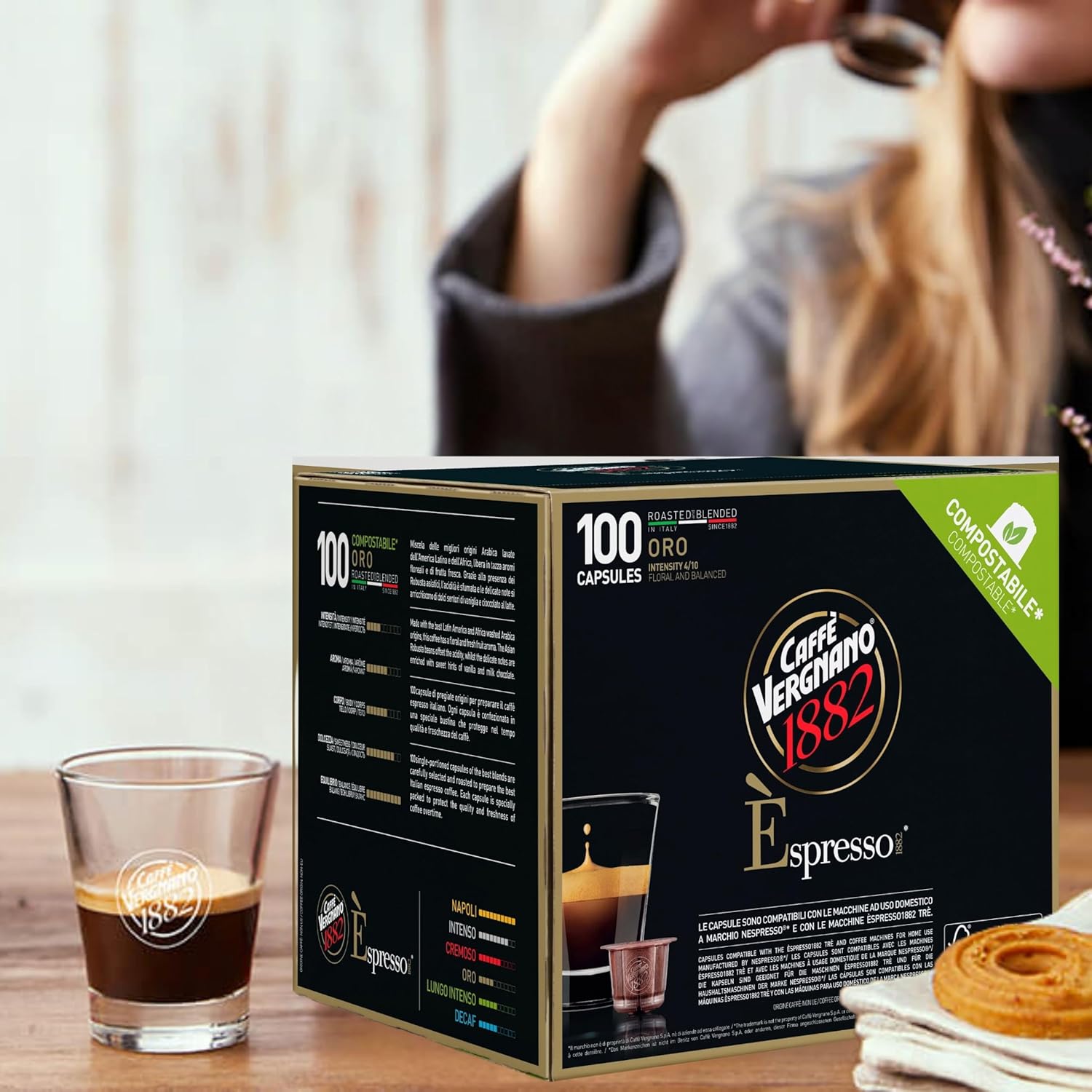 Caffe' Vergnano 1882 Medium Roast Espresso Original Line Machine Compatible Capsules, Arabica Robusta Espresso Coffee, Italian Coffee For Nespresso Coffee Machines, Intensity 4/10, Oro, 100 Ct