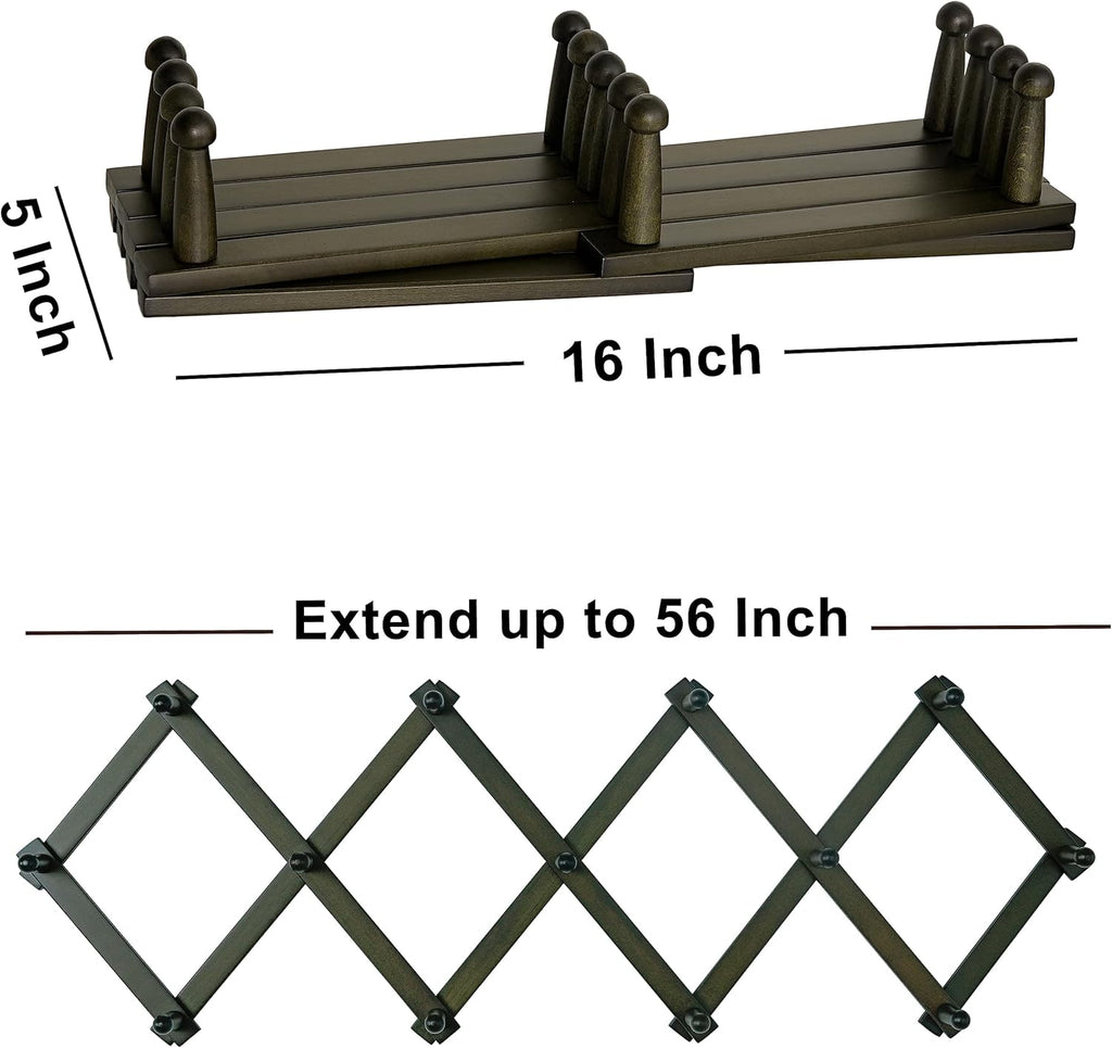 Dseap Accordion Wall Hanger:16'' High Wooden Wall Expandable Coat Rack,Hat Rack Holder,Accordion Hook for Baseball Caps,Coats,13 Peg Hooks,Dark Walnut