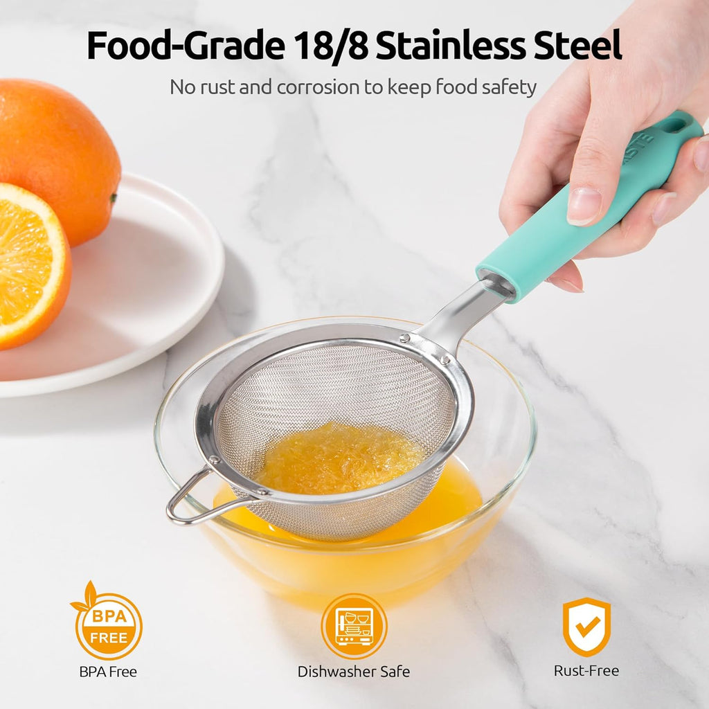 U-Taste Small Fine Mesh Strainer: 18/8 Stainless Steel 3.35in 30 Mesh Kitchen Food Sieve with Sturdy Riveted Silicone Handle, Heavy Duty Deep Handheld Metal Colander for Tea, Juice (Aqua Sky)