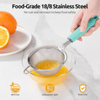 U-Taste Small Fine Mesh Strainer: 18/8 Stainless Steel 3.35in 30 Mesh Kitchen Food Sieve with Sturdy Riveted Silicone Handle, Heavy Duty Deep Handheld Metal Colander for Tea, Juice (Aqua Sky)