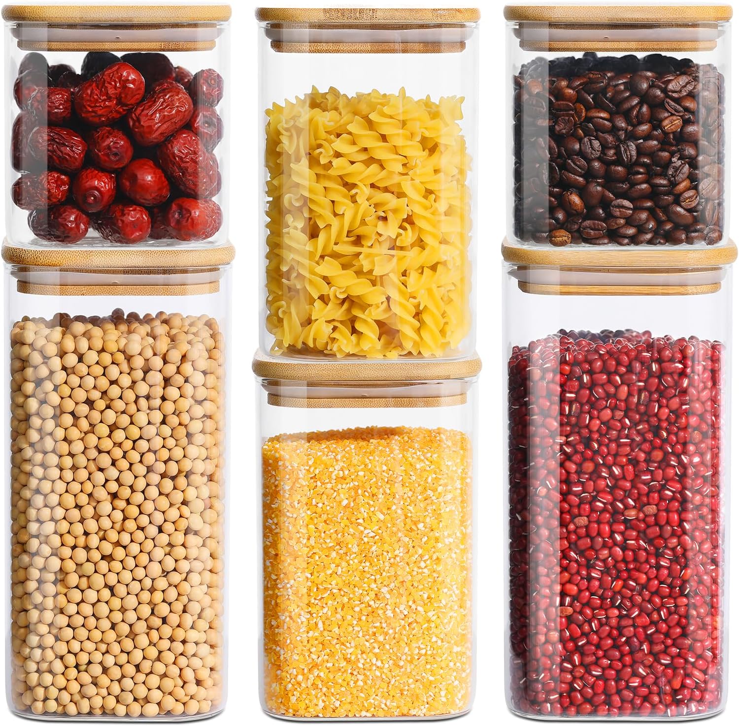 Glass Food Storage Jars with Lids(24oz/37oz/50oz)Square Set of 6 ,Glass Storage Containers Clear Glass Food Canister with Bamboo Lid Airtight For Serving Tea, Coffee Beans, Candy,Spice and More