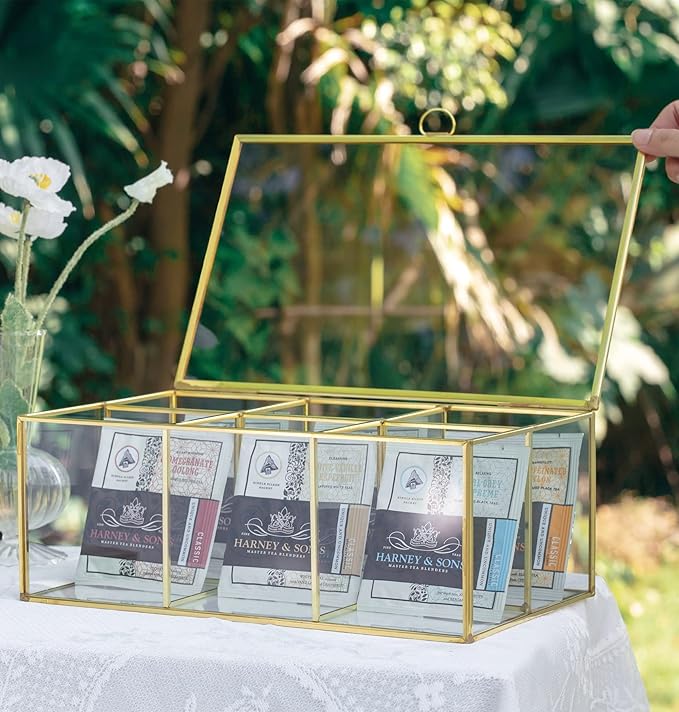 NCYP Glass Tea Bags Organizer Box, 11.4" x 7.1" x 4.5" Coffee Bag Storage Box, 6 Grids Compartments Handcrafted Brass Jewelry Counter, Display Case, Handmade (Glass Box Only)