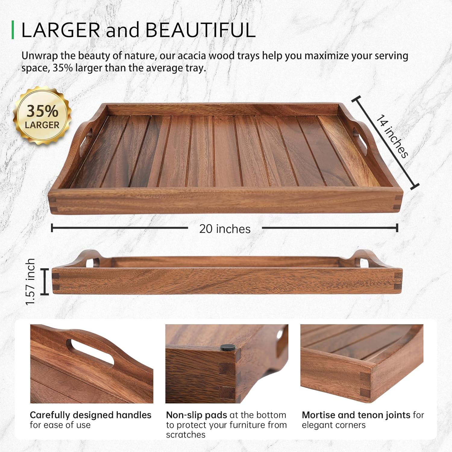 Large Acacia Wooden Serving Tray with Handles 20 x 14 inch Decorative Coffee Table Ottoman Tray for Living Room Extra Large for Kitchen Dinner Food Bar Breakfast in Bed (Color Natural)